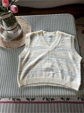 Soft Cream V-Neck Sweater Vest with Pale Blue Stripes
